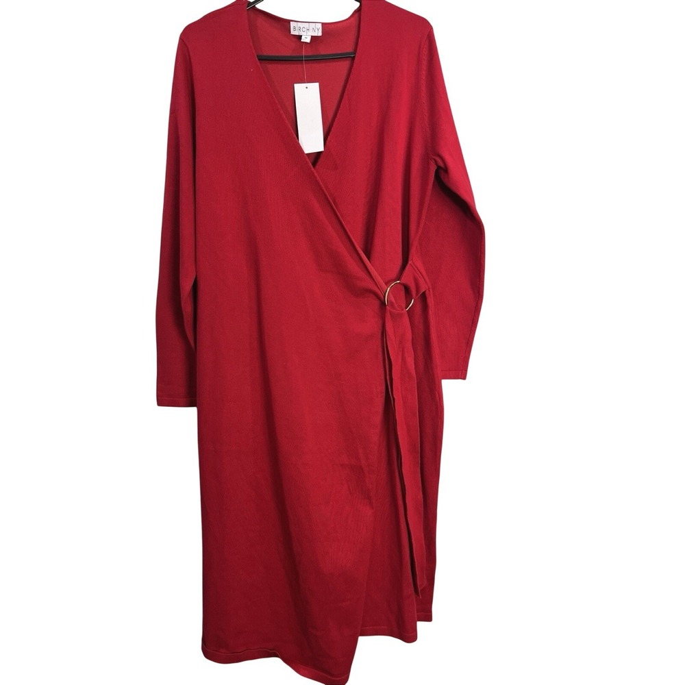 Birch NY Wrap Dress Womens M Bold Red Long Sleeve Knit Midi V-Neck Holiday Party